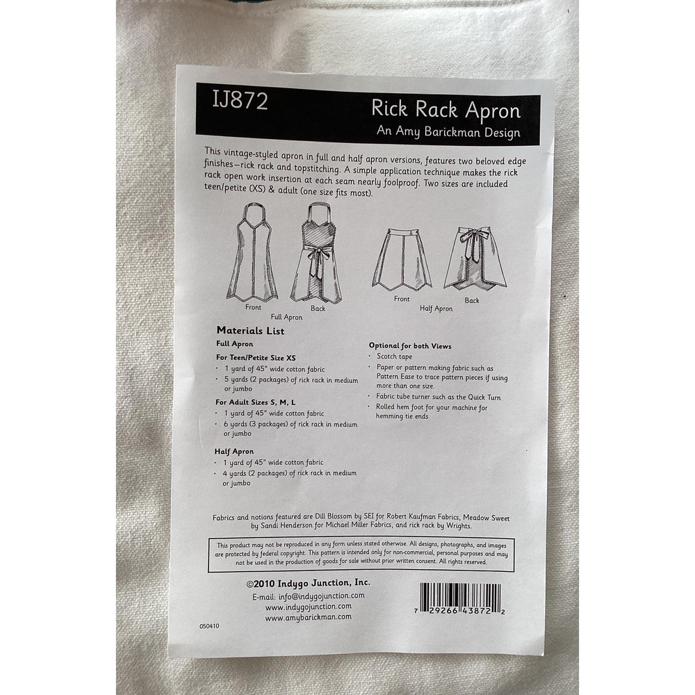 Indygo Junction Rick Rack Apron Pattern - New - Picture 3 of 4